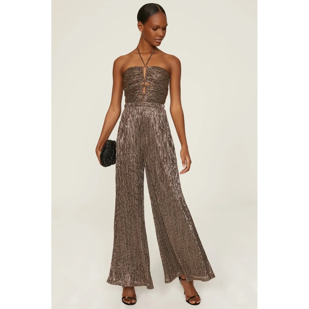Yumi Kim Serenity Jumpsuit Bronze Metallic Cutout Keyhole Halter Wide Leg Medium